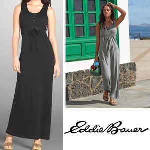 Eddie Bauer Drawstring Henley Sleeveless Maxi Dress in Solid Black